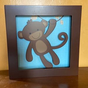 LAMBS & IVY MONKEY SHADOWBOX WALL ART DECOR FOR BABY BROWN AND BLUE 10”x10” EUC